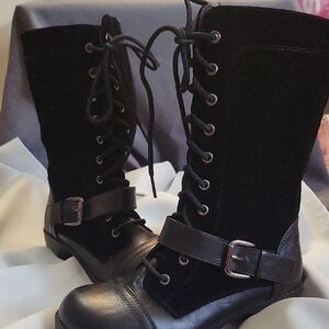 NWOT Kalli Black Velvet Combat Boots with Lace-up &  Buckle Detail